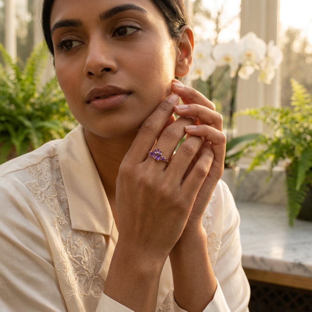 14k Solid Gold Amethyst Cluster Ring, Marquise Floral Engagement Ring