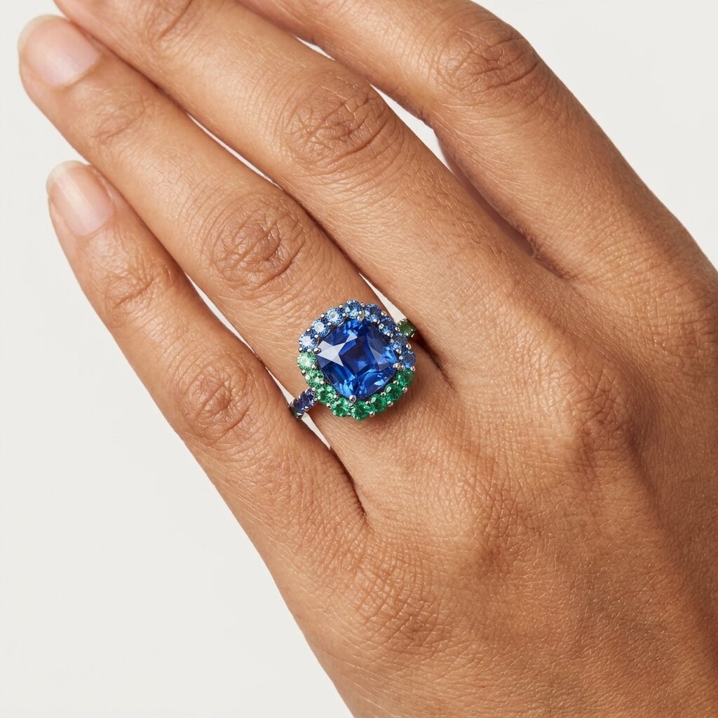 14k Gold Tanzanite Halo Engagement Ring, Cushion Cut Tanzanite Ring, Emerald Accent Ring, Anniversary Ring, Statement Ring Personalized Ring The Jewel Temple