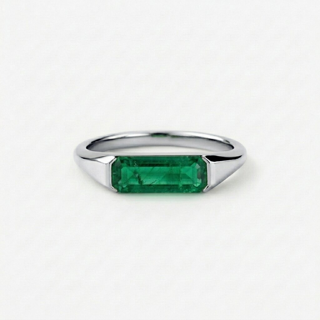 Lab Grown Emerald East West Ring | Horizontal Baguette Cut Gold Signet Style Ring