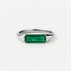 Lab Grown Emerald East West Ring | Horizontal Baguette Cut Gold Signet Style Ring