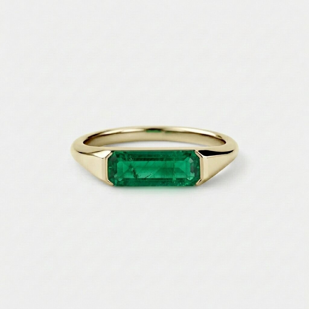 Lab Grown Emerald East West Ring | Horizontal Baguette Cut Gold Signet Style Ring