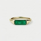 Lab Grown Emerald East West Ring | Horizontal Baguette Cut Gold Signet Style Ring