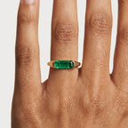 Lab Grown Emerald East West Ring | Horizontal Baguette Cut Gold Signet Style Ring