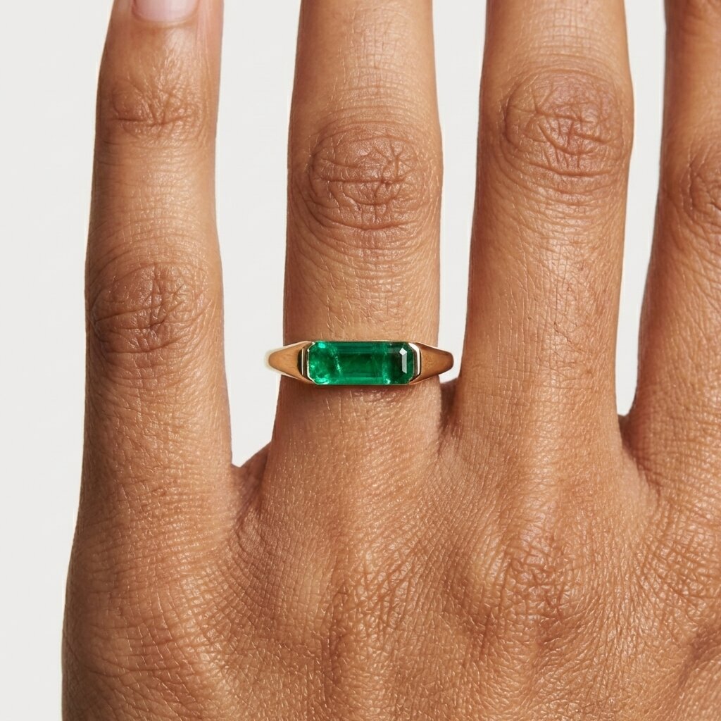 Lab Grown Emerald East West Ring | Horizontal Baguette Cut Gold Signet Style Ring