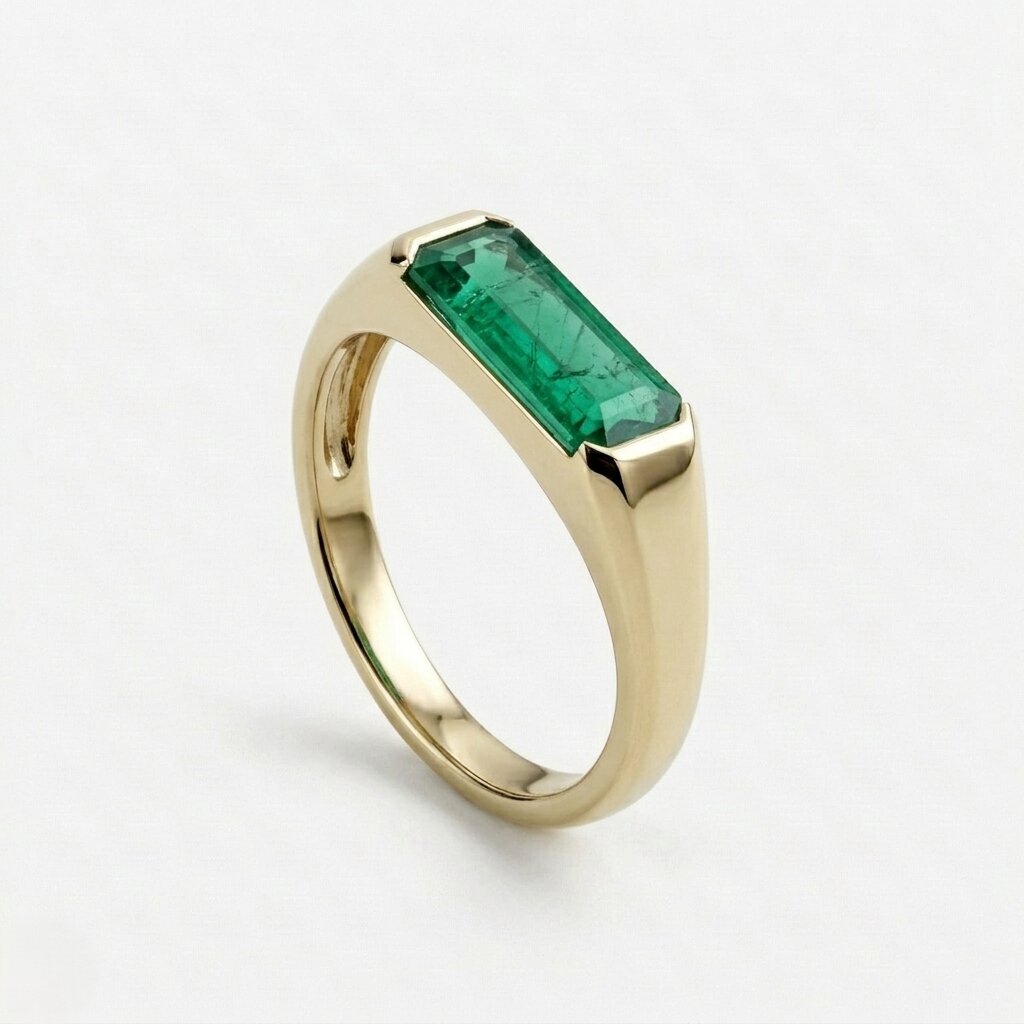 Lab Grown Emerald East West Ring | Horizontal Baguette Cut Gold Signet Style Ring