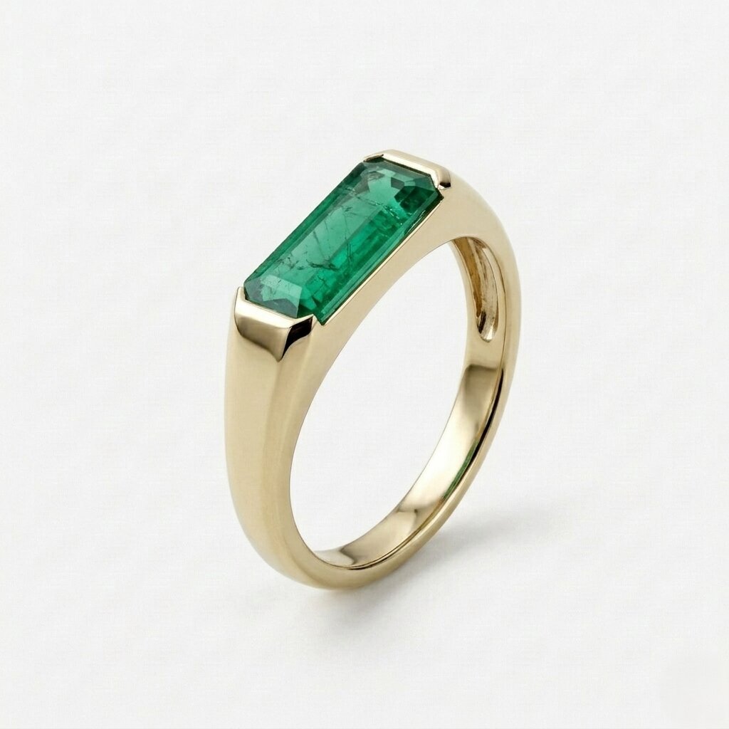 Lab Grown Emerald East West Ring | Horizontal Baguette Cut Gold Signet Style Ring
