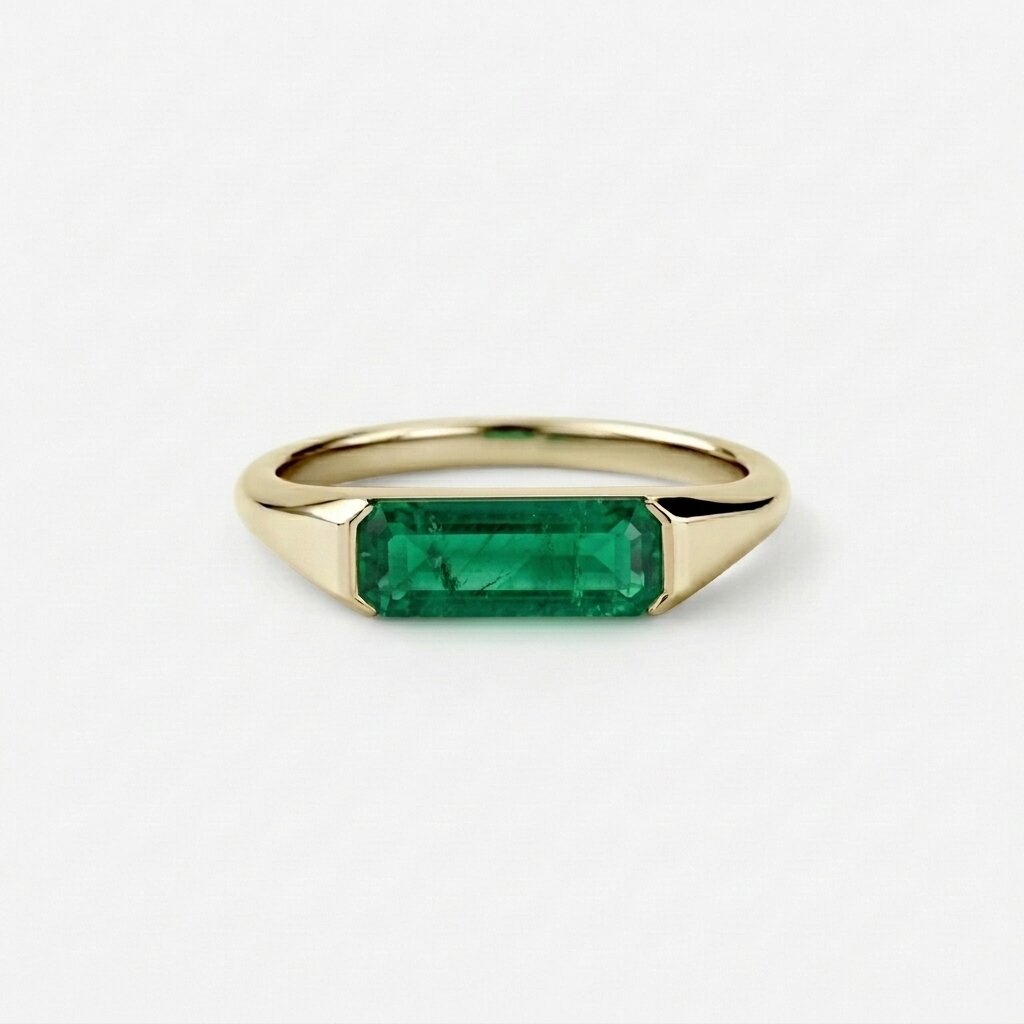 Lab Grown Emerald East West Ring | Horizontal Baguette Cut Gold Signet Style Ring