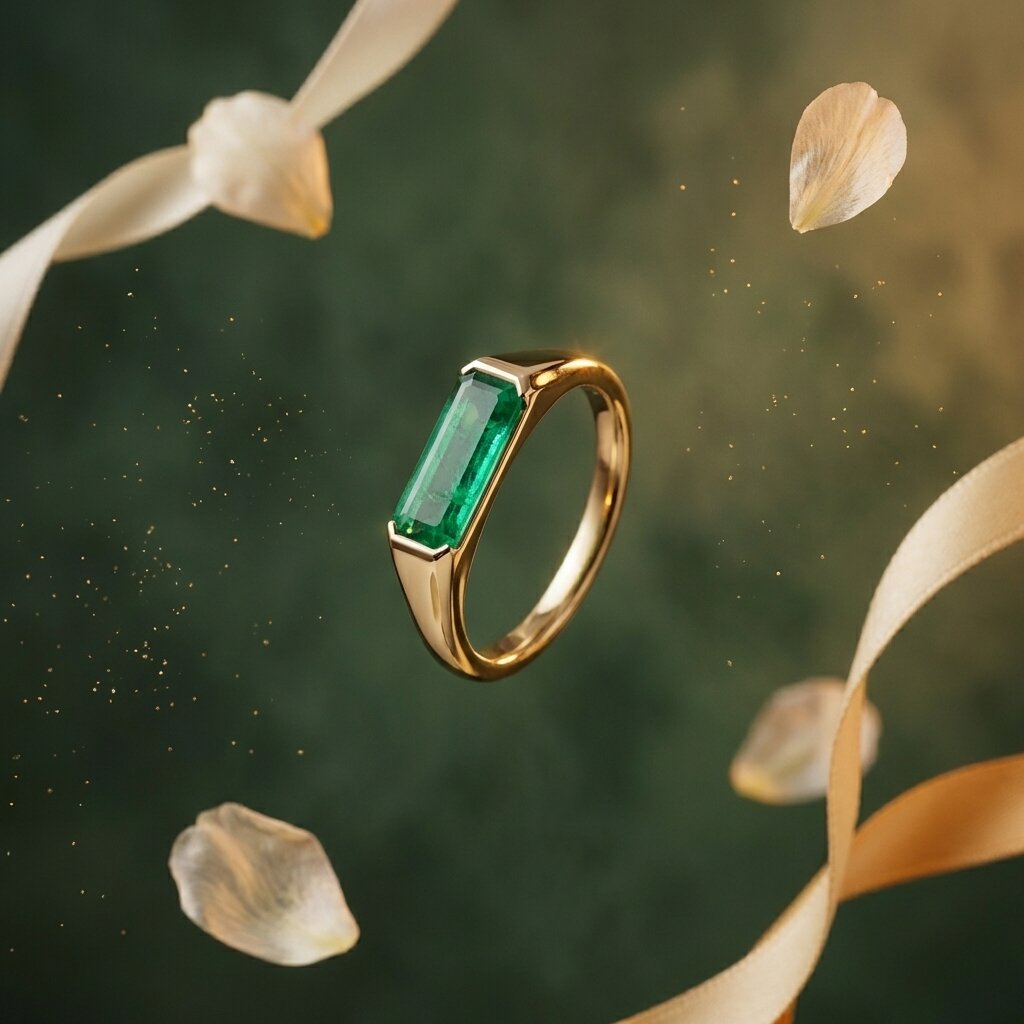 Lab Grown Emerald East West Ring | Horizontal Baguette Cut Gold Signet Style Ring