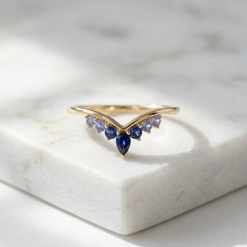 14k Gold Ruby Chevron Ring, Pear Cut Lab Ruby, V Shape Band, Stackable Gemstone Ring