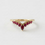14k Gold Ruby Chevron Ring, Pear Cut Lab Ruby, V Shape Band, Stackable Gemstone Ring