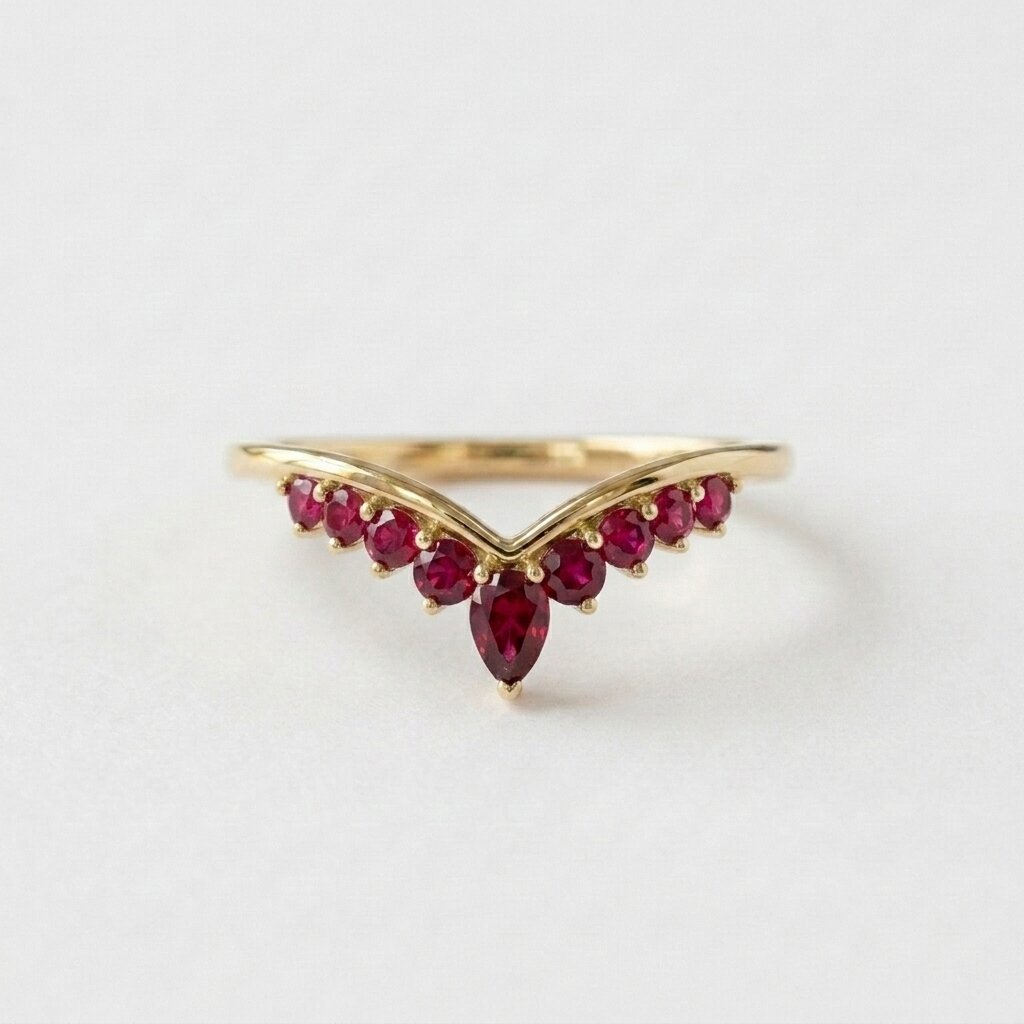 14k Gold Ruby Chevron Ring, Pear Cut Lab Ruby, V Shape Band, Stackable Gemstone Ring