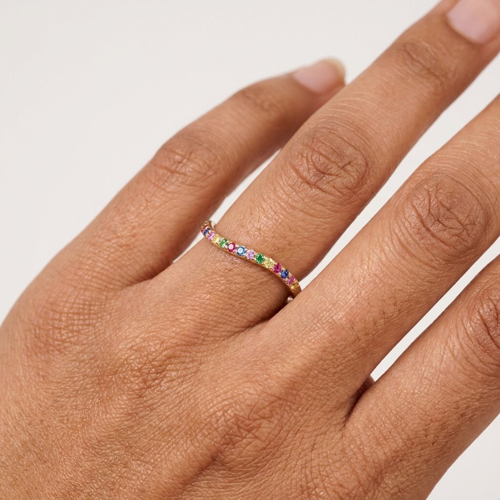 14k Gold Curved Rainbow Gemstone Wedding Band, Wavy Sapphire Stacking Ring
