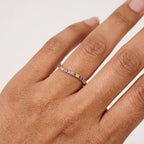 14k Gold Curved Rainbow Gemstone Wedding Band, Wavy Sapphire Stacking Ring