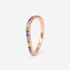 14k Gold Curved Rainbow Gemstone Wedding Band, Wavy Sapphire Stacking Ring