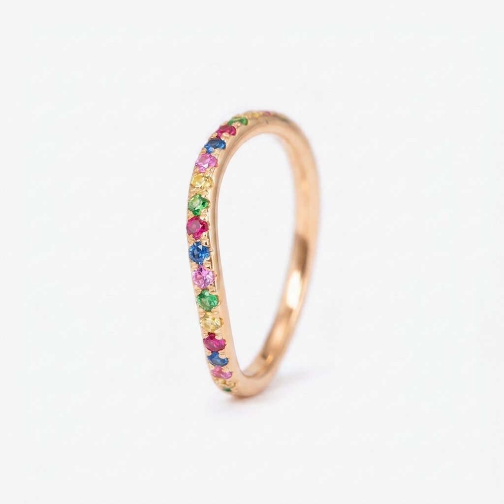 14k Gold Curved Rainbow Gemstone Wedding Band, Wavy Sapphire Stacking Ring