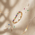 14k Gold Curved Rainbow Gemstone Wedding Band, Wavy Sapphire Stacking Ring