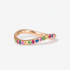 14k Gold Curved Rainbow Gemstone Wedding Band, Wavy Sapphire Stacking Ring