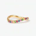 14k Gold Curved Rainbow Gemstone Wedding Band, Wavy Sapphire Stacking Ring