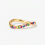 14k Gold Curved Rainbow Gemstone Wedding Band, Wavy Sapphire Stacking Ring