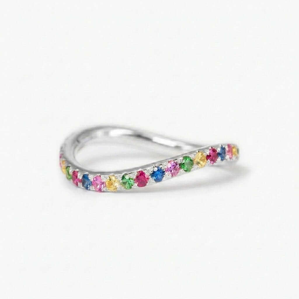 14k Gold Curved Rainbow Gemstone Wedding Band, Wavy Sapphire Stacking Ring