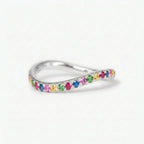 14k Gold Curved Rainbow Gemstone Wedding Band, Wavy Sapphire Stacking Ring