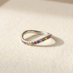 14k Gold Curved Rainbow Gemstone Wedding Band, Wavy Sapphire Stacking Ring