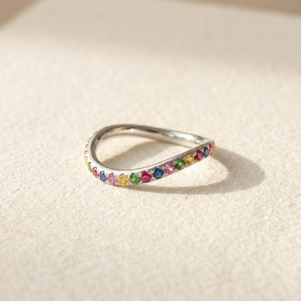 14k Gold Curved Rainbow Gemstone Wedding Band, Wavy Sapphire Stacking Ring