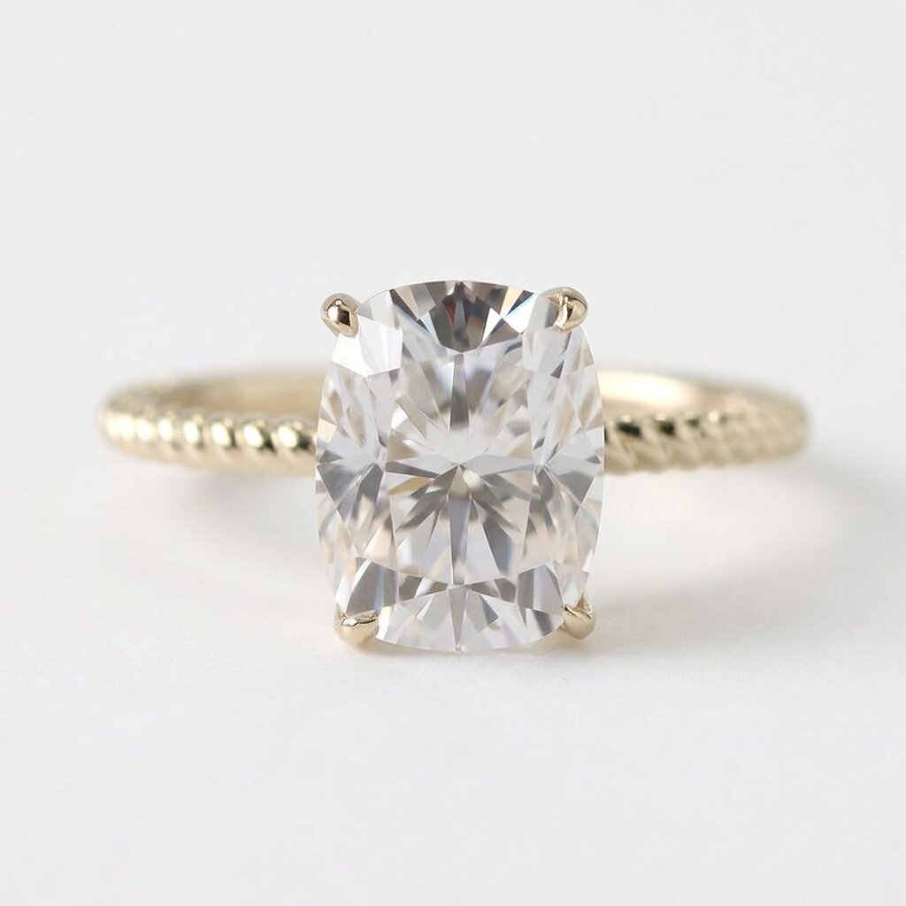Elongated Cushion Cut Moissanite Engagement Ring, Twisted Band, Sterling Silver Solitaire