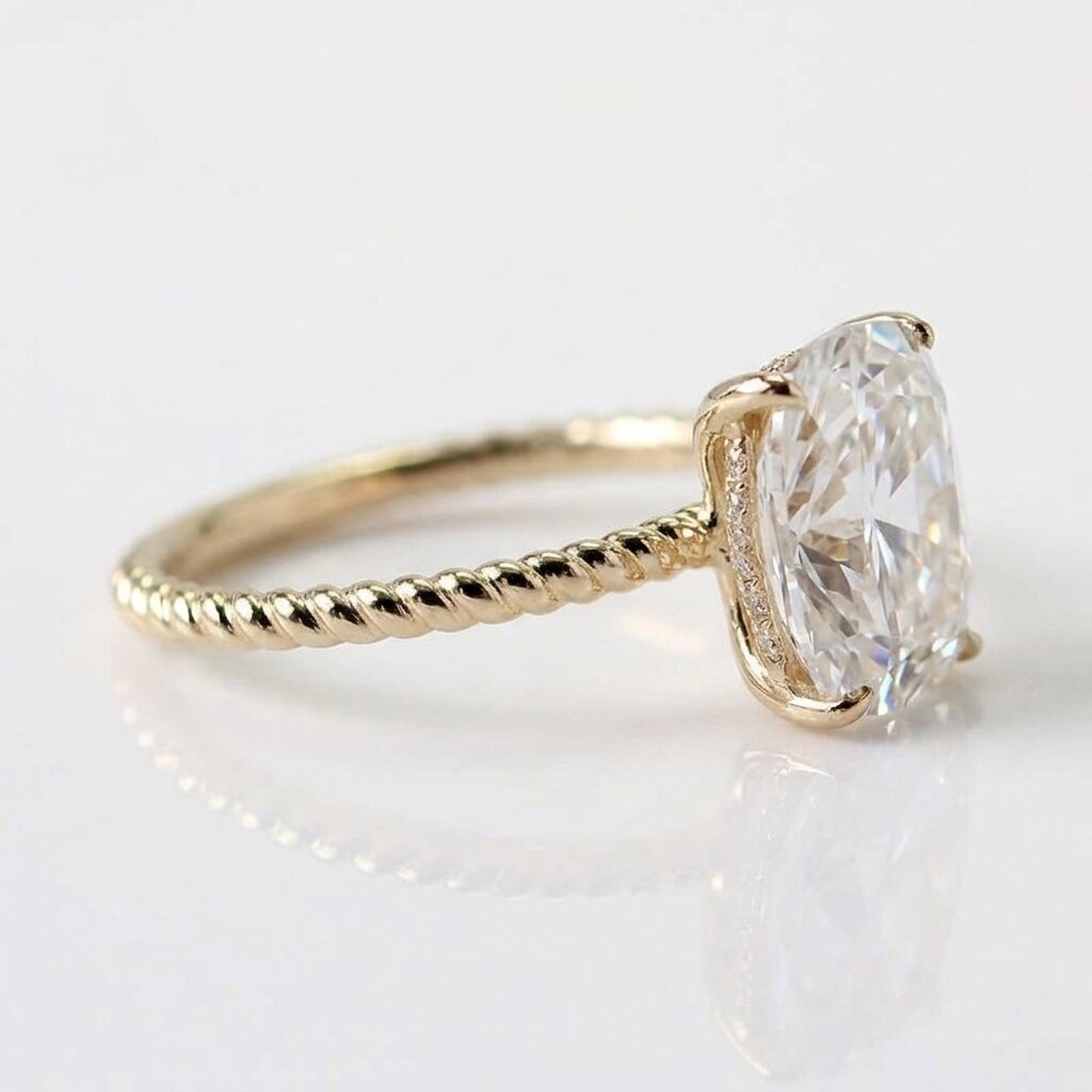 Elongated Cushion Cut Moissanite Engagement Ring, Twisted Band, Sterling Silver Solitaire