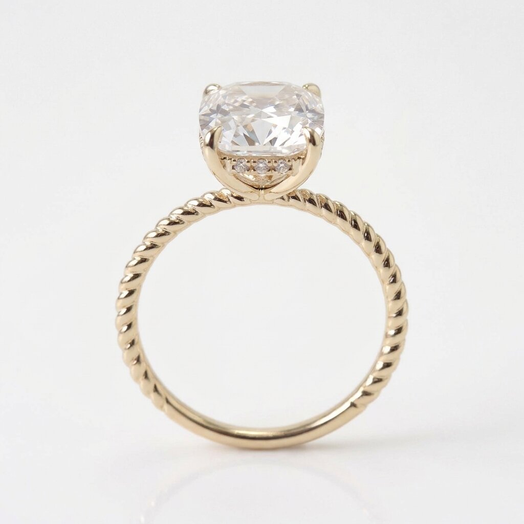 Elongated Cushion Cut Moissanite Engagement Ring, Twisted Band, Sterling Silver Solitaire