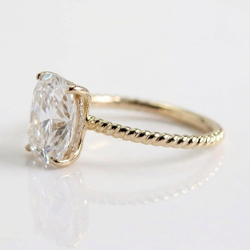 Elongated Cushion Cut Moissanite Engagement Ring, Twisted Band, Sterling Silver Solitaire