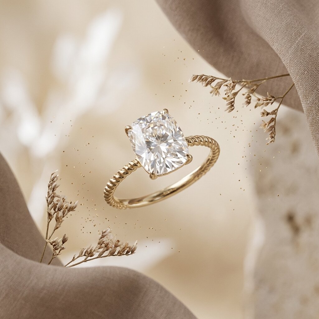 Elongated Cushion Cut Moissanite Engagement Ring, Twisted Band, Sterling Silver Solitaire