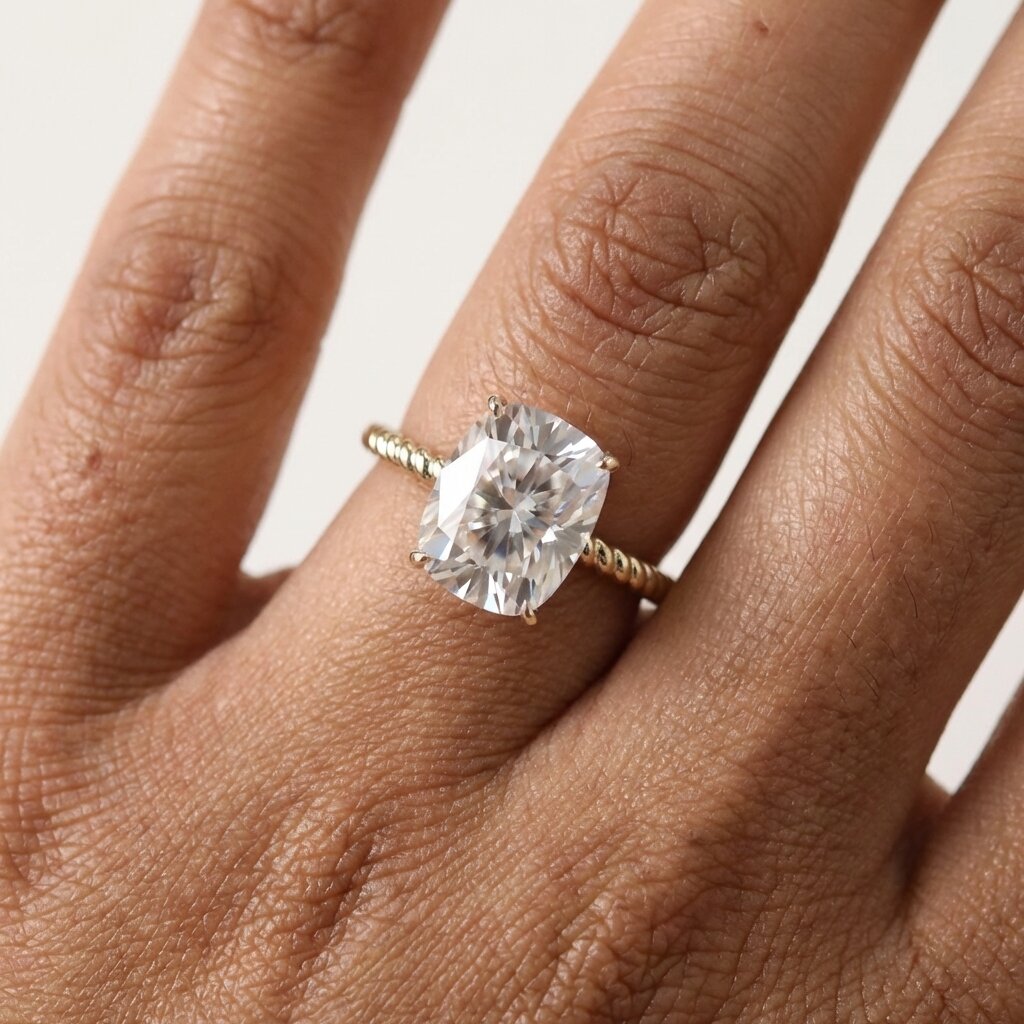 Elongated Cushion Cut Moissanite Engagement Ring, Twisted Band, Sterling Silver Solitaire