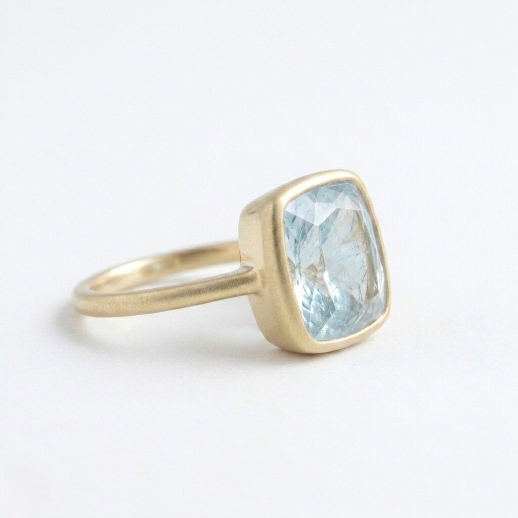 14k Solid Gold Cushion Aquamarine Bezel Set Ring, Satin Solitaire Anniversary Gift