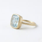 14k Solid Gold Cushion Aquamarine Bezel Set Ring, Satin Solitaire Anniversary Gift
