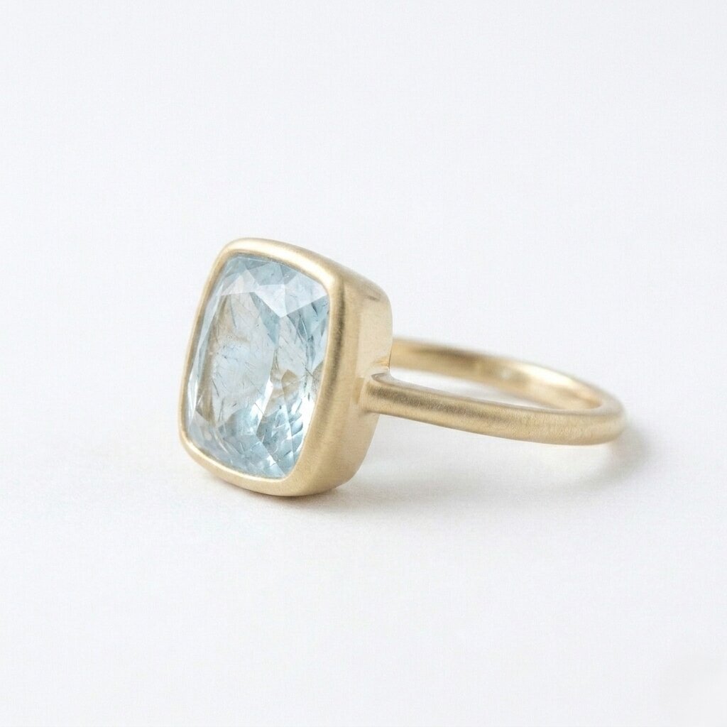 14k Solid Gold Cushion Aquamarine Bezel Set Ring, Satin Solitaire Anniversary Gift