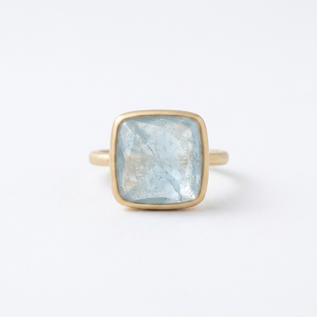 14k Solid Gold Cushion Aquamarine Bezel Set Ring, Satin Solitaire Anniversary Gift
