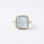 14k Solid Gold Cushion Aquamarine Bezel Set Ring, Satin Solitaire Anniversary Gift