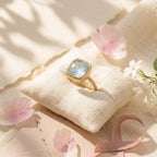 14k Solid Gold Cushion Aquamarine Bezel Set Ring, Satin Solitaire Anniversary Gift