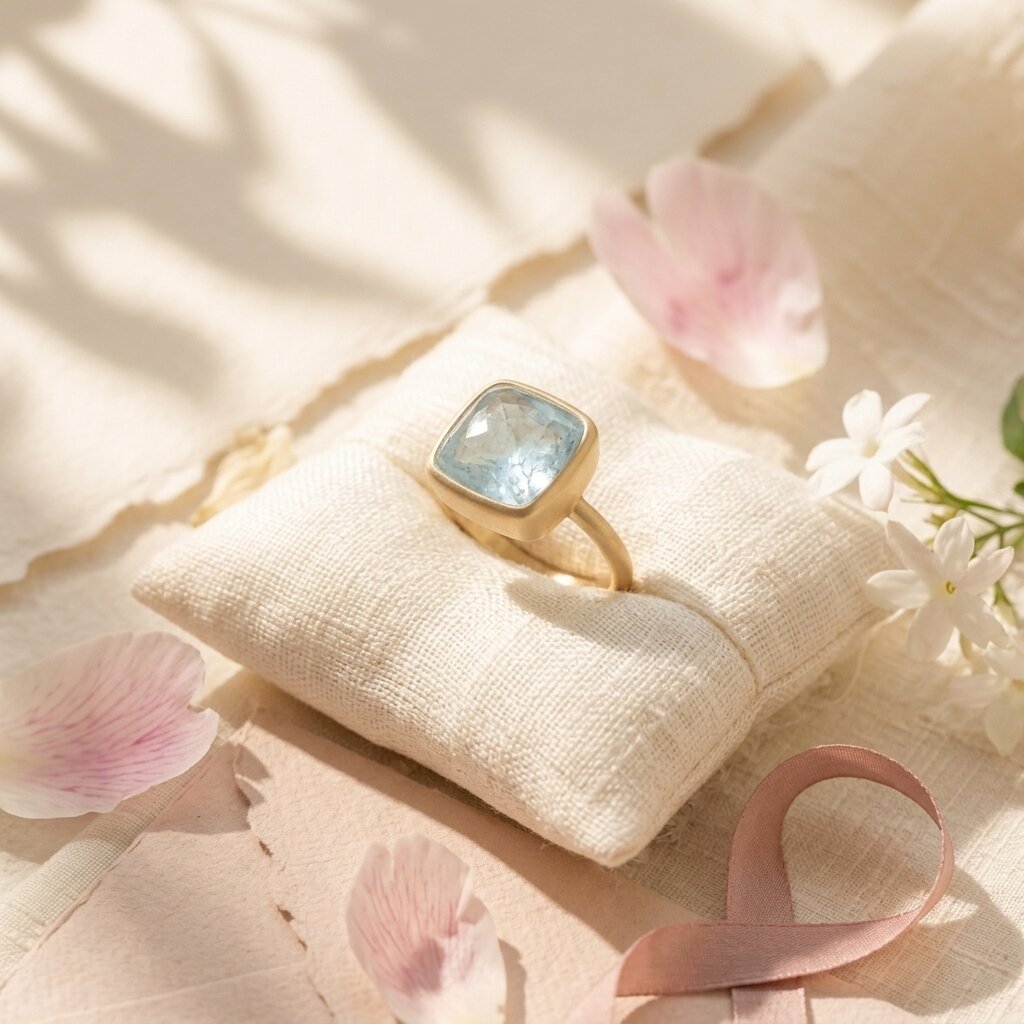 14k Solid Gold Cushion Aquamarine Bezel Set Ring, Satin Solitaire Anniversary Gift