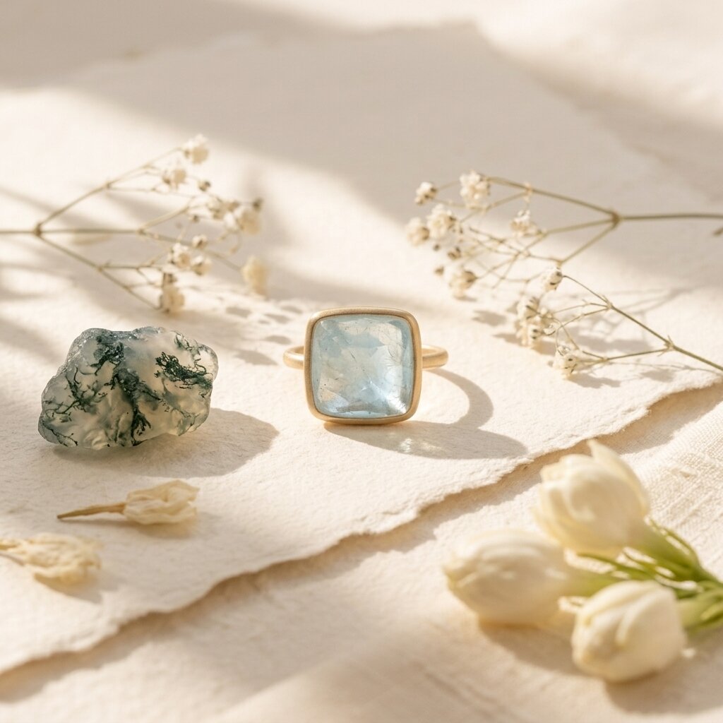 14k Solid Gold Cushion Aquamarine Bezel Set Ring, Satin Solitaire Anniversary Gift