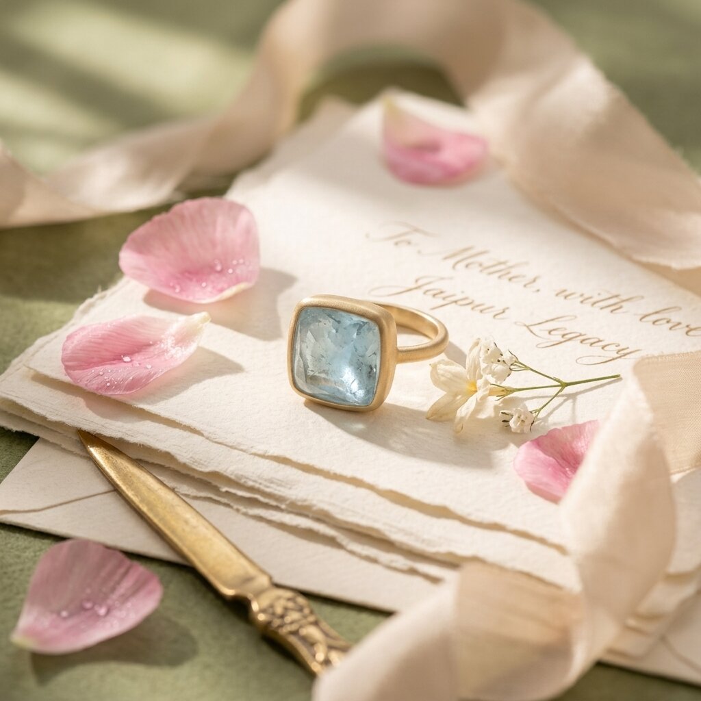 14k Solid Gold Cushion Aquamarine Bezel Set Ring, Satin Solitaire Anniversary Gift