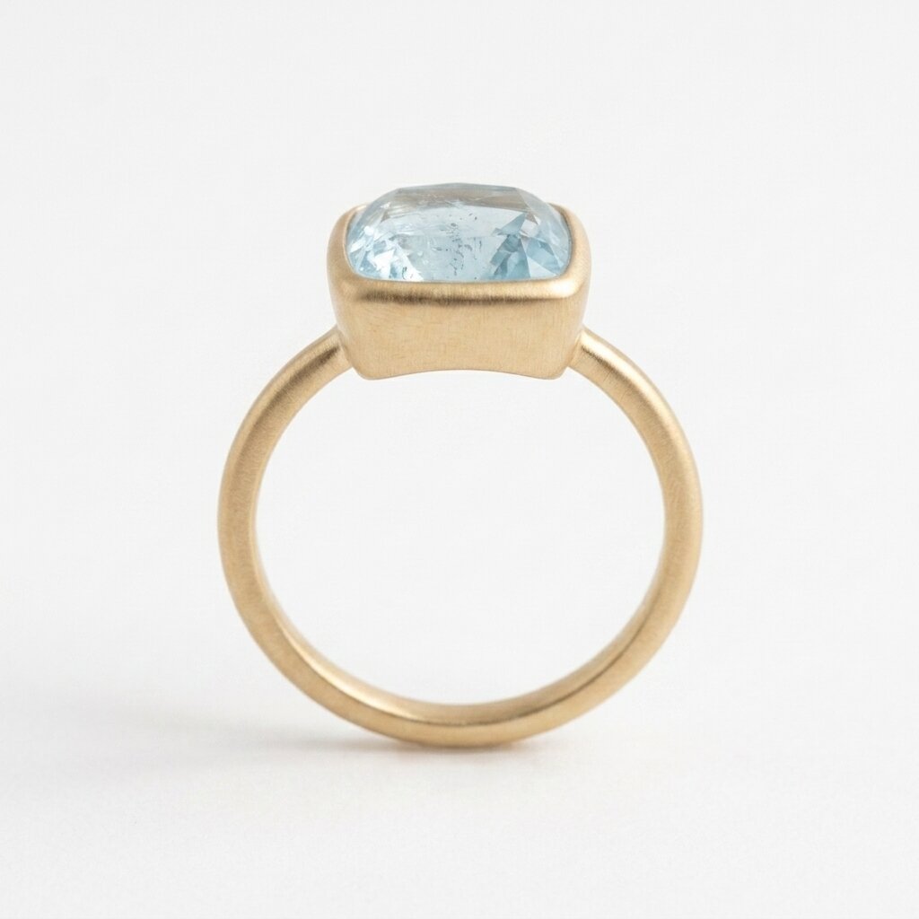 14k Solid Gold Cushion Aquamarine Bezel Set Ring, Satin Solitaire Anniversary Gift
