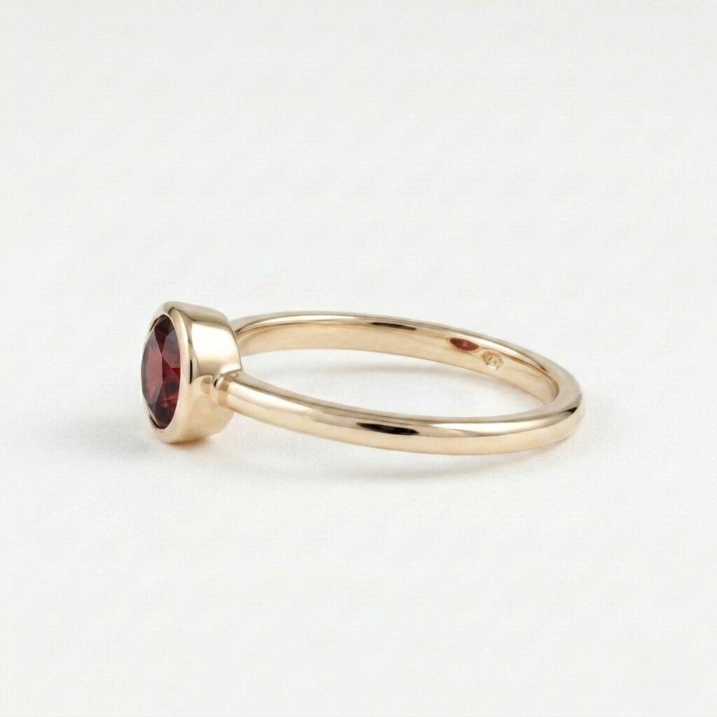 14k Rose Gold Bezel Garnet Ring, Round Cut Solitaire Engagement Wedding Band