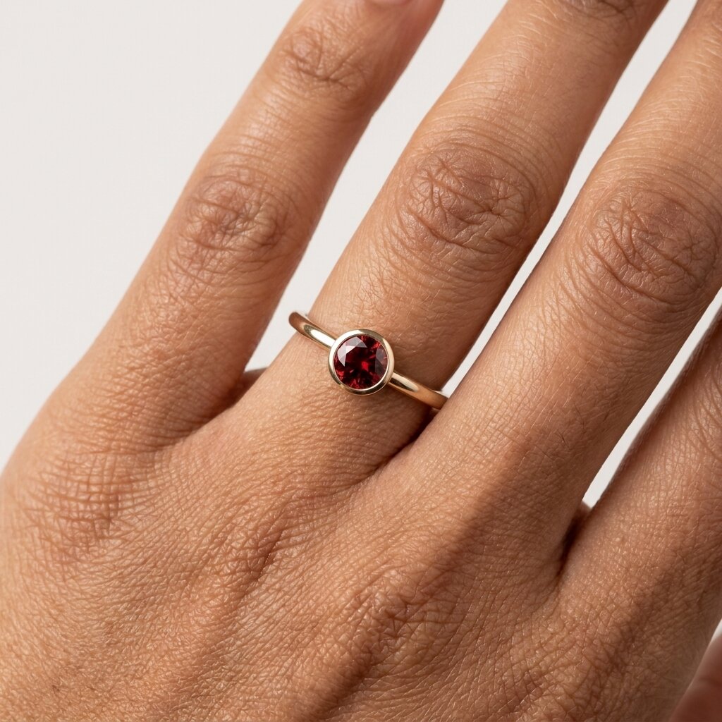 14k Rose Gold Bezel Garnet Ring, Round Cut Solitaire Engagement Wedding Band