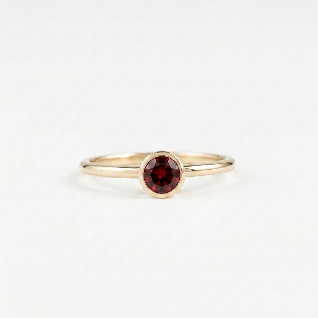 14k Rose Gold Bezel Garnet Ring, Round Cut Solitaire Engagement Wedding Band
