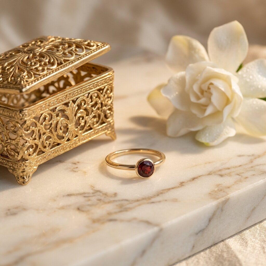 14k Rose Gold Bezel Garnet Ring, Round Cut Solitaire Engagement Wedding Band