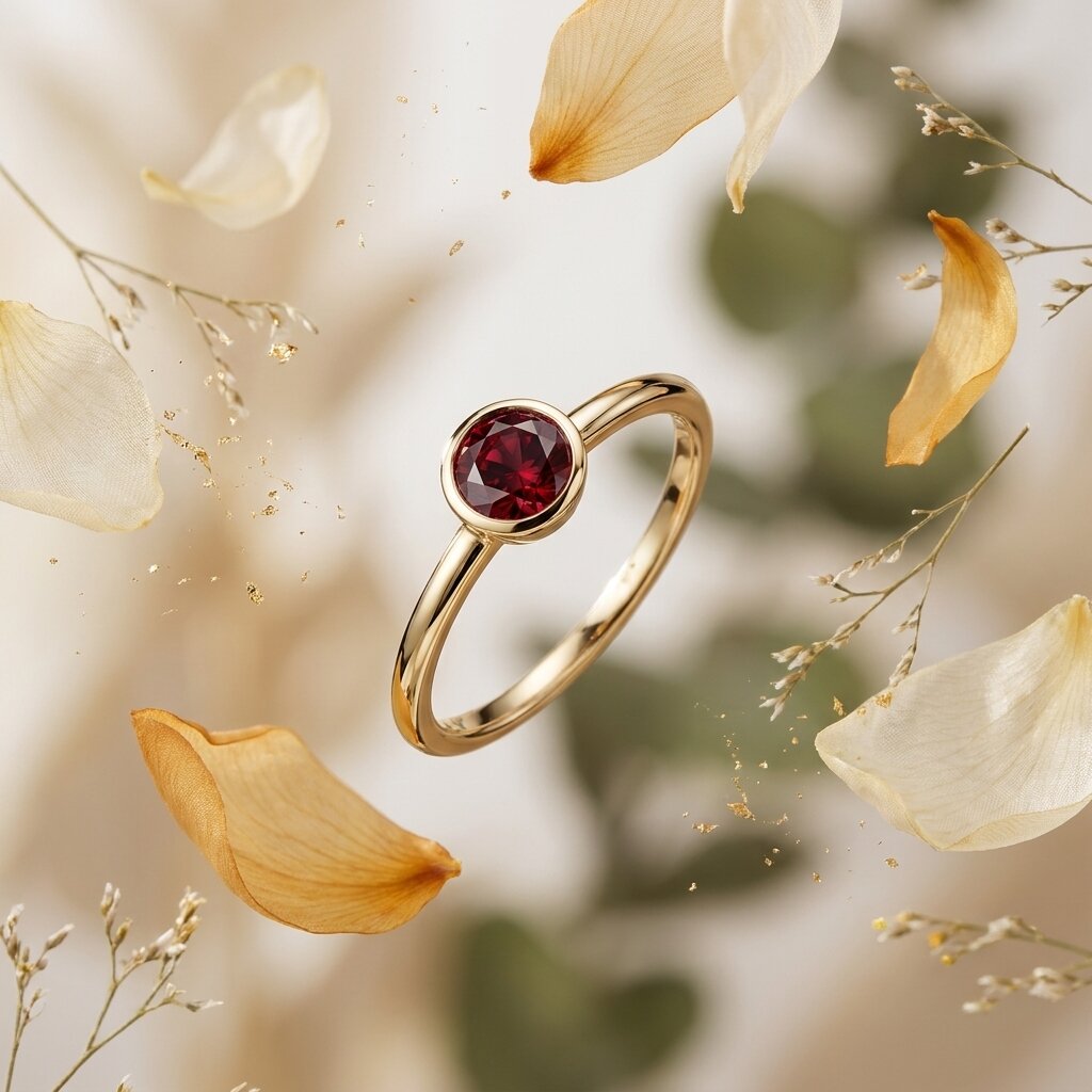 14k Rose Gold Bezel Garnet Ring, Round Cut Solitaire Engagement Wedding Band