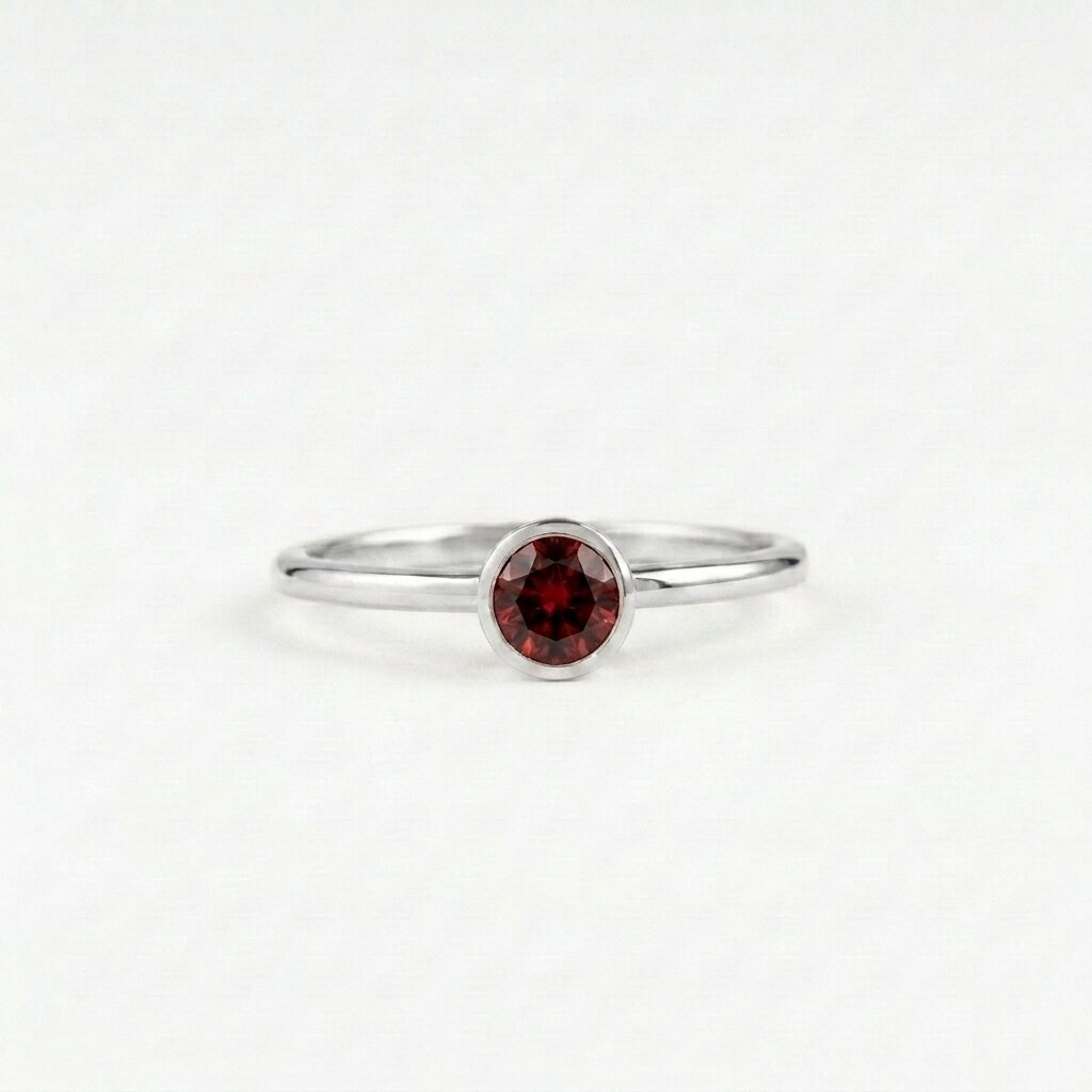 14k Rose Gold Bezel Garnet Ring, Round Cut Solitaire Engagement Wedding Band