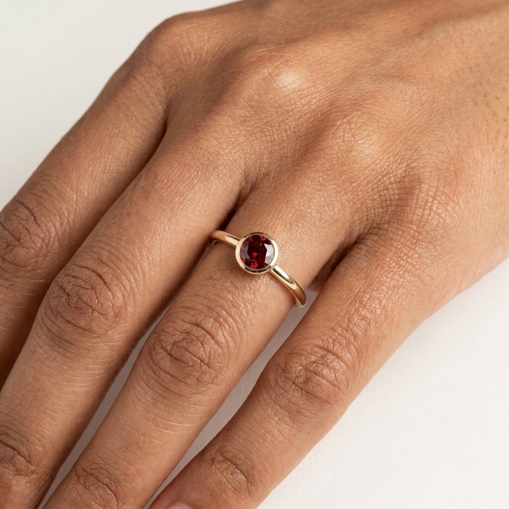 14k Rose Gold Bezel Garnet Ring, Round Cut Solitaire Engagement Wedding Band